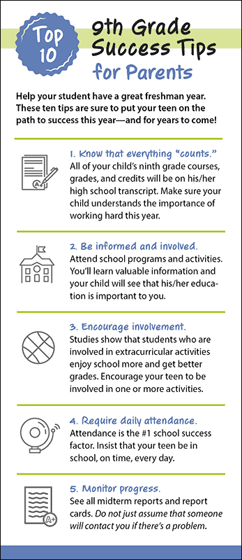 Top 10 9th Grade Success Tips for Parents Rack Card Handout
