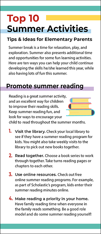 Top 10 Summer Activities - Elementary Parents Rack Card Handout