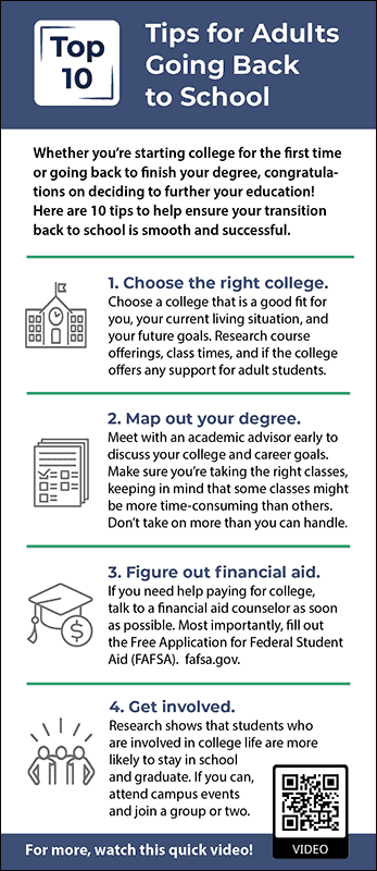 Top 10 Tips for Adults Going Back to School Rack Card Handout