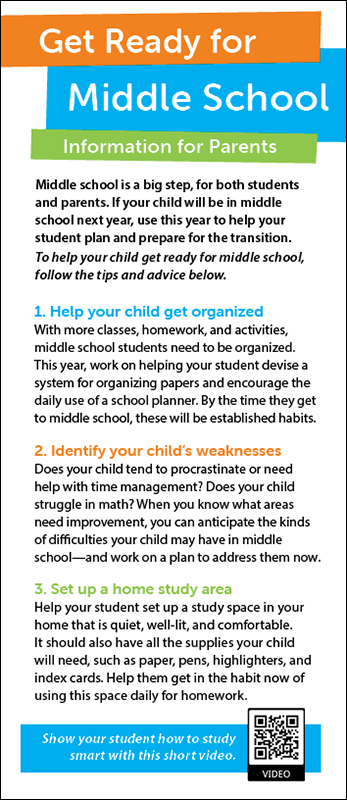 Get Ready for Middle School - Information for Parents Rack Card Handout