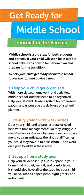 Get Ready for Middle School - Information for Parents Rack Card Handout