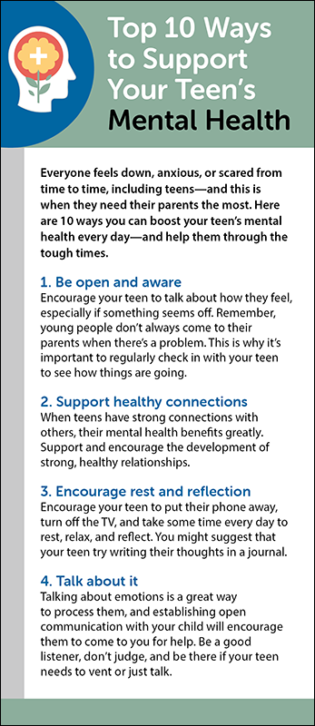 Top 10 Ways to Support Your Teen's Mental Health Rack Card Handout