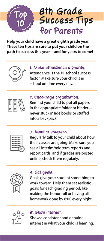 Top 10 8th Grade Success Tips for Parents Rack Card Handout