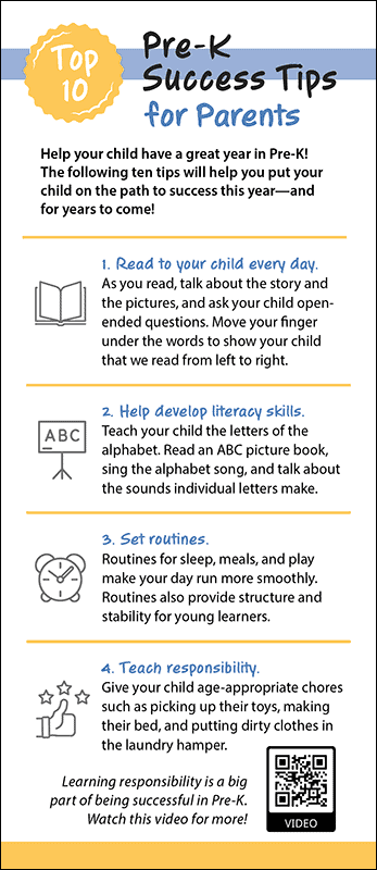 Top 10 Pre-K Success Tips for Parents Rack Card Handout