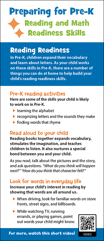Preparing for Pre-K - Reading and Math Readiness Skills Rack Card Handout