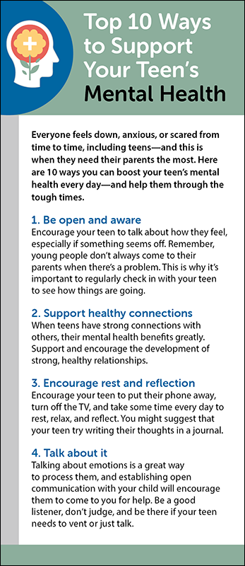 Top 10 Ways to Support Your Teen's Mental Health Rack Card Handout ...