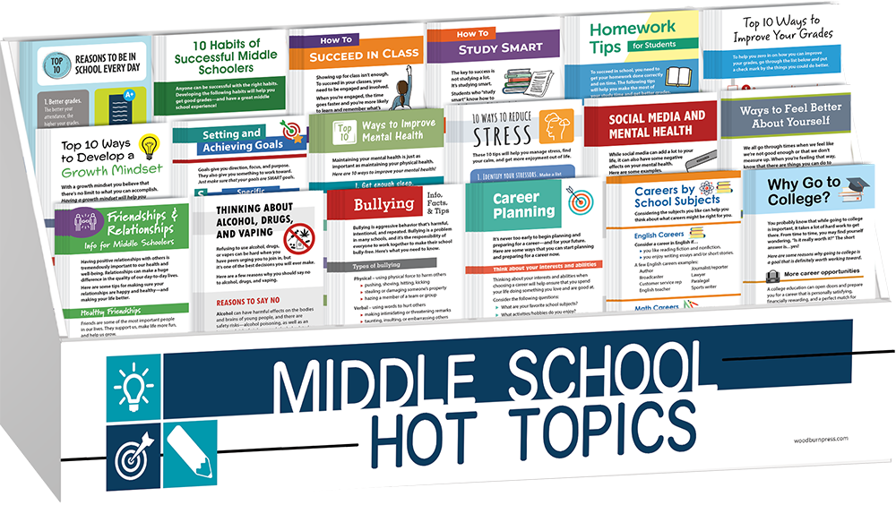 Random School Topics Middle School Hot Topics Rack Card Display Package – Woodburn Press